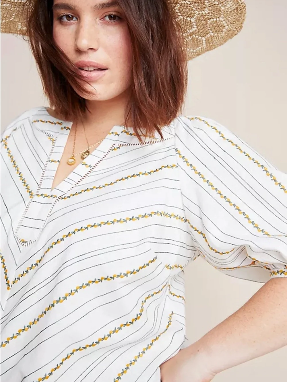 Anthropologie Maeve Fruit Puff-Sleeved Top Embroidered Chevron Split-Neck Top 12